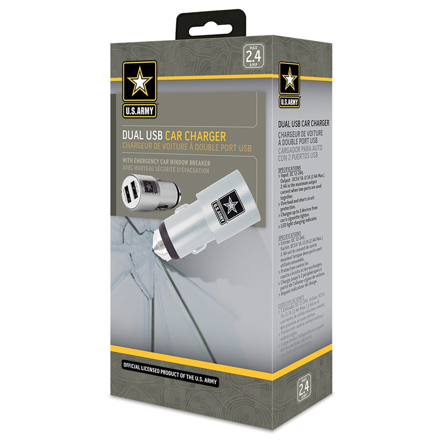 U.S. Army Dual USB Car Charger with Emergency Window Breaker - White