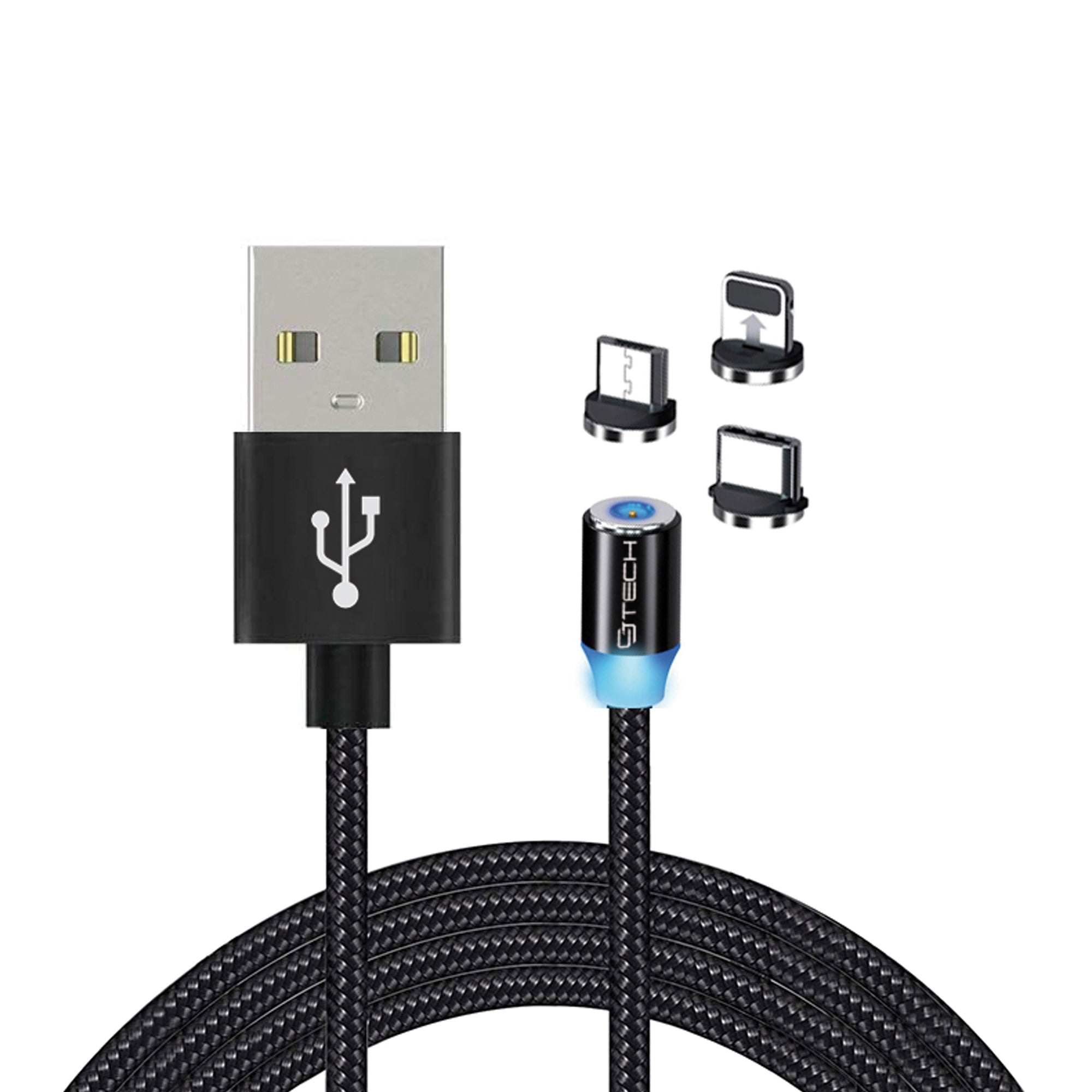 CJ Tech Magnetic Tip 3 in 1 Micro USB, Type C, and Lightning Non MFI Universal Charging Cable with LED Light 1.8-meter (6-ft)