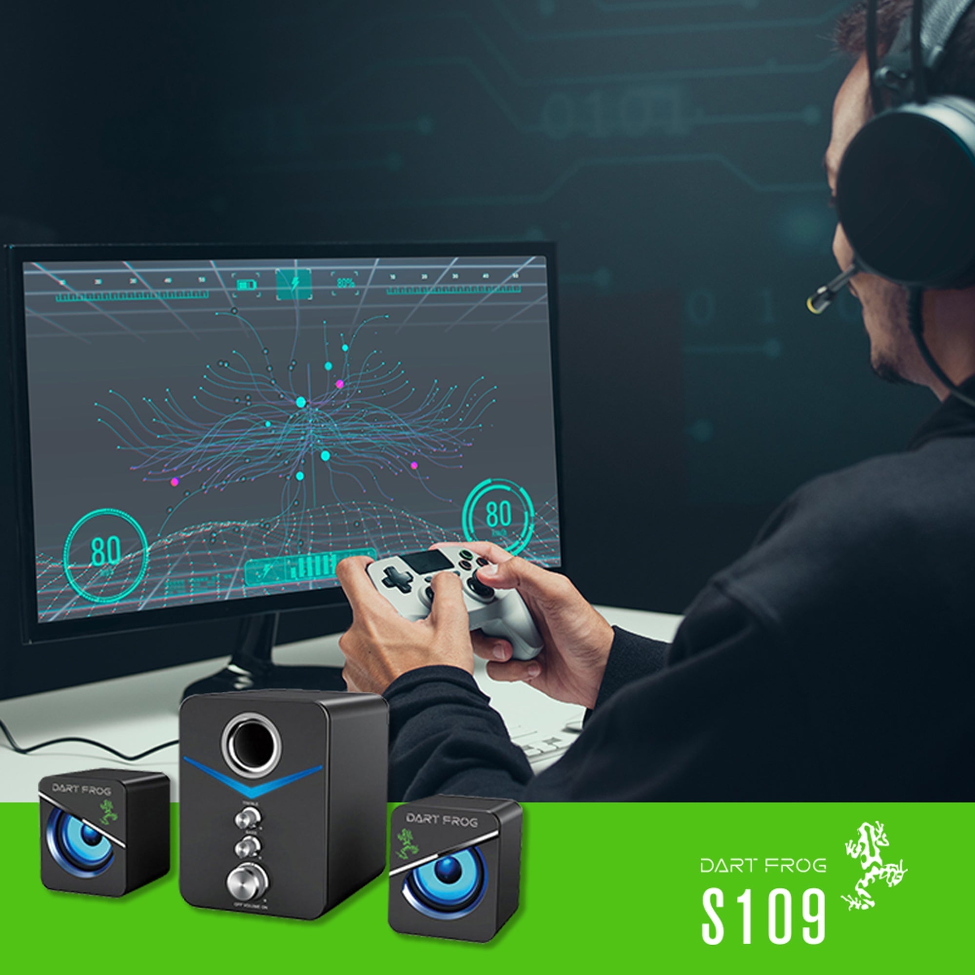 Dart Frog 2.1 Channel Computer Gaming Speakers with LED RGB Lights and Subwoofer with Volume, Treble and Bass Controls - Black